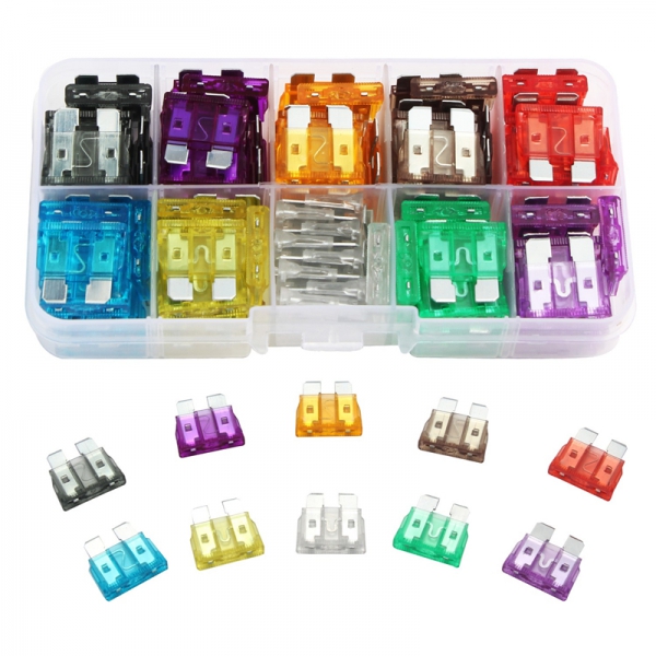 100PCS 2A-35A medium car fuses with 10 specifications for igniters, headlights, air conditioning fuses, and plug inserts