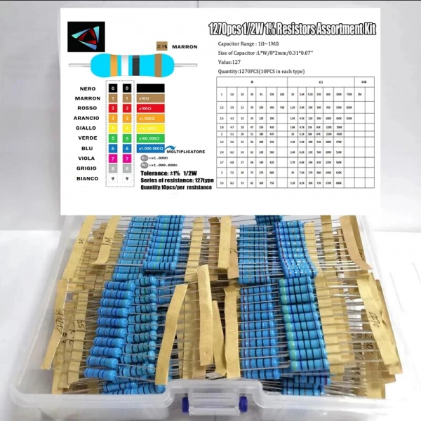 1270pcs 1/2W gold film resistor pack with an accuracy of 1% and a resistance of 1R-1M. There are 127 commonly used types of 1270pcs packaged in boxes