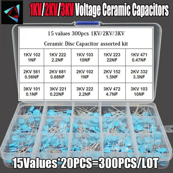 300Pcs 15 values 1KV/2KV/3KV 0.1nF-22nF high voltage ceramic disc capacitor matching