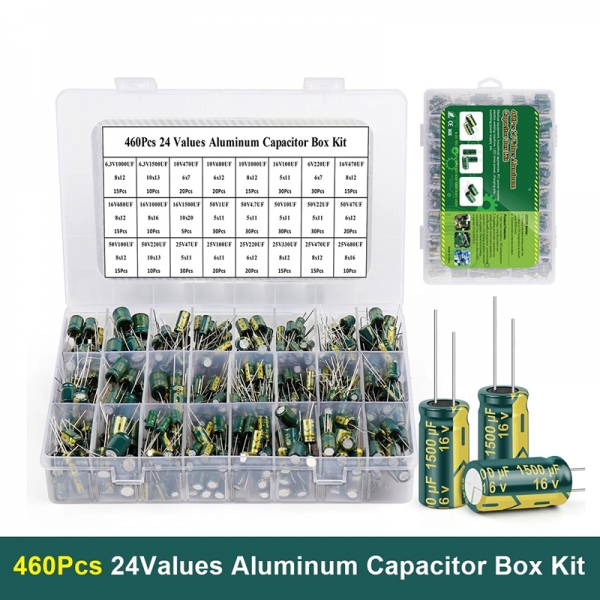 460PCS green high-frequency direct insertion aluminum electrolytic capacitor kit with 24 specifications and resistance values ranging from 6.3V to 50V
