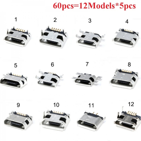 60PCS USB socket female socket Micro USB 5P socket 12 specifications, each with 5 bags